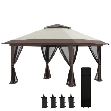 GAZEBO PIEGHEVOLE 4X4 M AD ALTEZZA REGOLABILE CON ZANZARIERA E BORSA, IN METALLO E TESSUTO OXFORD BEIGE