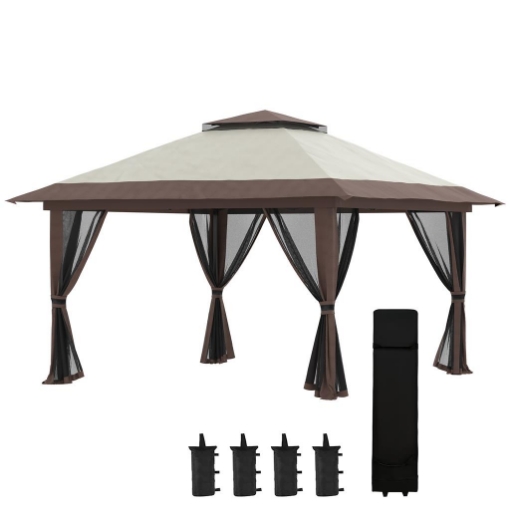 GAZEBO PIEGHEVOLE 4X4 M AD ALTEZZA REGOLABILE CON ZANZARIERA E BORSA, IN METALLO E TESSUTO OXFORD BEIGE