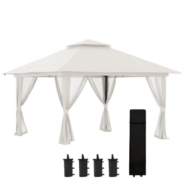 GAZEBO PIEGHEVOLE 4X4 M AD ALTEZZA REGOLABILE CON ZANZARIERA E BORSA, IN METALLO E TESSUTO OXFORD CREMA