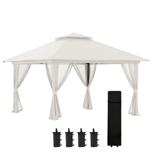 GAZEBO PIEGHEVOLE 4X4 M AD ALTEZZA REGOLABILE CON ZANZARIERA E BORSA, IN METALLO E TESSUTO OXFORD CREMA
