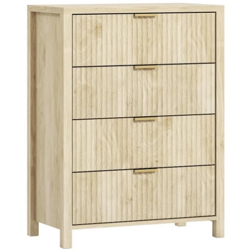 CASSETTIERA CON 4 CASSETTI SCANALATI E MANIGLIE DORATE, 70X38X93 CM, LEGNO NATURALE