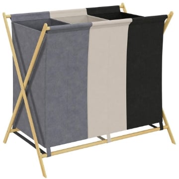 CESTO PORTABIANCHERIA PIEGHEVOLE A 3 SCOMPARTI, IN BAMB¨ E TESSUTO EFFETTO LINO, 75X48X67 CM, MULTICOLORE