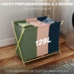 CESTO PORTABIANCHERIA PIEGHEVOLE A 3 SCOMPARTI, IN BAMB¨ E TESSUTO EFFETTO LINO, 75X48X67 CM, MULTICOLORE