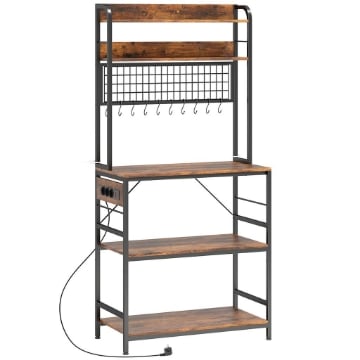 SCAFFALE DA CUCINA CON STAZIONE DI RICARICA, 5 RIPIANI E 10 GANCI A S, IN LEGNO E ACCIAIO, 80X40X170 CM, MARRONE