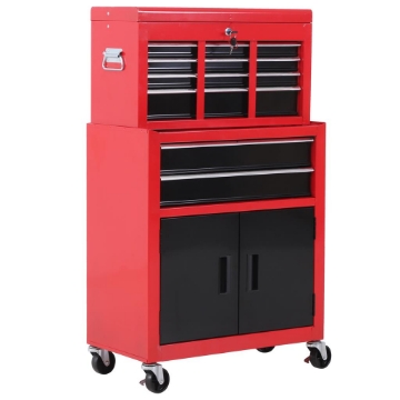 CARRELLO PORTA ATTREZZI 2 IN 1 CON CASSETTA SUPERIORE E ARMADIETTO INFERIORE, IN METALLO, 61.6X33X108 CM, ROSSO
