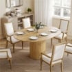 TAVOLO ESPANDIBILE PER 6-8 PERSONE DA ROTONDO A OVALE CON BASE A PIEDISTALLO, IN LEGNO E ACCIAIO, COLOR LEGNO
