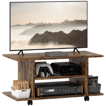 MOBILE PORTA TV MODERNO CON RIPIANI, RUOTE GIREVOLI E FRENI, 80X40X40 CM, MARRONE RUSTICO