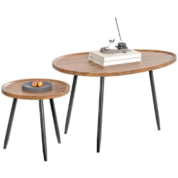SET 2 TAVOLINI DA SALOTTO SOVRAPPONIBILI IN LEGNO E METALLO, COLORE LEGNO SCURO