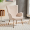 POLTRONA MODERNA IN TESSUTO SHERPA IMBOTTITA CON SCHIENALE ALTO E BRACCIOLI, BEIGE