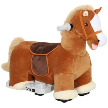 CAVALLO ELETTRICO PER BAMBINI CON PEDALI, ROTELLE E SUONI, IN PELUCHE E METALLO, 74X34X51 CM, MARRONE