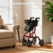 DEAMBULATORE CON SEDUTA E SCHIENALE PER ANZIANI PIEGHEVOLE, ALTEZZA REGOLABILE, BORSA E PORTA BASTONE, ROSSO