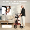 DEAMBULATORE CON SEDUTA E SCHIENALE PER ANZIANI PIEGHEVOLE, ALTEZZA REGOLABILE, BORSA E PORTA BASTONE, ROSSO