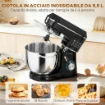 IMPASTATRICE PLANETARIA 1400W CON CIOTOLA 7L E 6 VELOCITÓ, GANCIO IMPASTATORE, FRUSTA E SBATTITORE, NERO