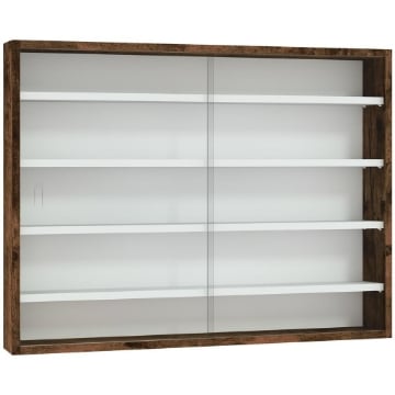 BACHECA PORTAOGGETTI A 4 RIPIANI REGOLABILI, VETRINA A MURO IN VETRO E LEGNO, 80X9.5X60 CM, MARRONE