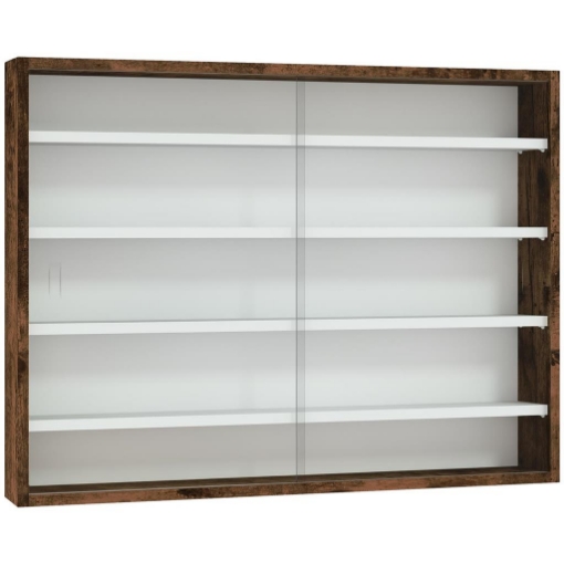 BACHECA PORTAOGGETTI A 4 RIPIANI REGOLABILI, VETRINA A MURO IN VETRO E LEGNO, 80X9.5X60 CM, MARRONE