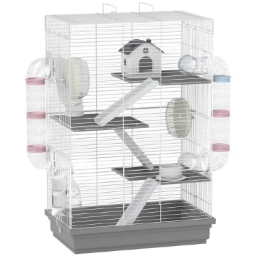 GABBIA PER CRICETI A 4 LIVELLI E 16 TUBI CON CASETTA, RAMPA, E ACCESSORI, IN METALLO E PLASTICA, 47X30X70 CM, GRIGIO
