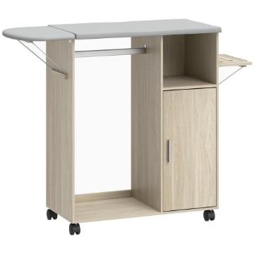 MOBILE ASSE DA STIRO CON PIANO D'APPOGGIO EFFETTO LINO, 3 RIPIANI A CUBO E GUIDA, 127X42.5X99 CM, MULTICOLORE