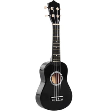 UKULELE PER PRINCIPIANTI DA 21 POLLICI IN LEGNO CON CORDE IN NYLON, PLETTRO E CORDA DI RICAMBIO, NERO