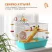 GABBIA PER CRICETI CON RUOTA, CASETTA, CIOTOLA, RAMPE E SERBATOIO, IN ACCIAIO, PS E PP, 45X28X37 CM, BIANCO E AZZURRO
