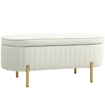 PANCA CONTENITORE OVALE DA 72L CON COPERCHIO SOLLEVABILE, IN TESSUTO VELLUTATO E LEGNO, 108X44X43.5 CM, CREMA