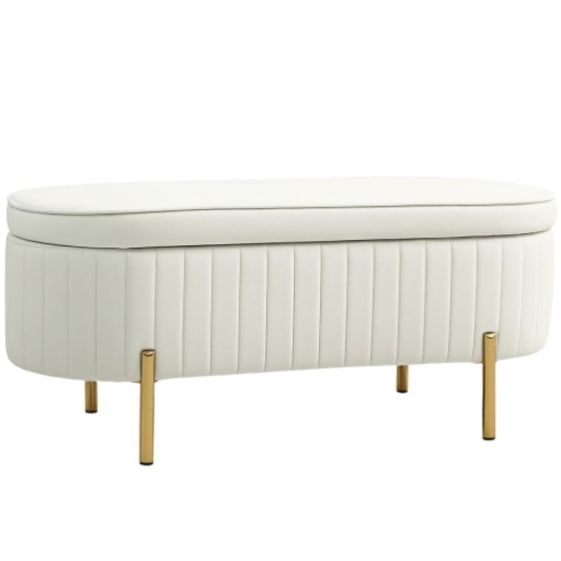 PANCA CONTENITORE OVALE DA 72L CON COPERCHIO SOLLEVABILE, IN TESSUTO VELLUTATO E LEGNO, 108X44X43.5 CM, CREMA