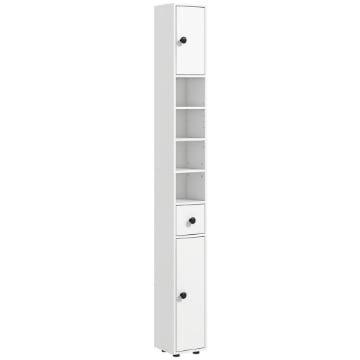 MOBILE COLONNA BAGNO CON CASSETTO, 2 ARMADIETTI E 4 RIPIANI APERTI, IN LEGNO, 20X20X180 CM, BIANCO