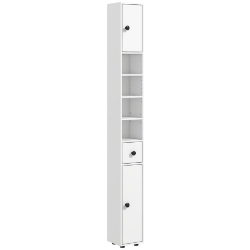MOBILE COLONNA BAGNO CON CASSETTO, 2 ARMADIETTI E 4 RIPIANI APERTI, IN LEGNO, 20X20X180 CM, BIANCO