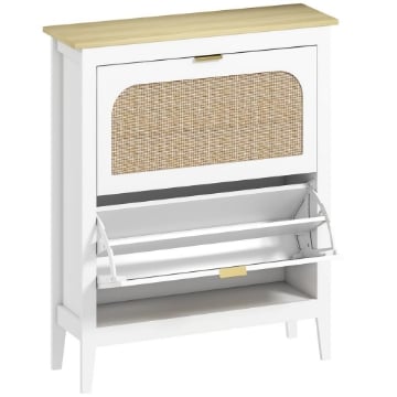 SCARPIERA SLIM STILE BOHO CON 2 CASSETTI RIBALTABILI PER 14 PAIA DI SCARPE, 80X24X95.5 CM, BIANCO