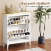 SCARPIERA SLIM STILE BOHO CON 2 CASSETTI RIBALTABILI PER 14 PAIA DI SCARPE, 80X24X95.5 CM, BIANCO