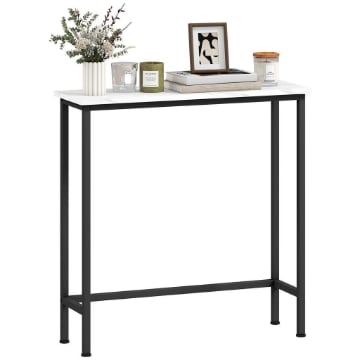 TAVOLO CONSOLLE DA INGRESSO CON PIANO EFFETTO MARMO, IN LEGNO E ACCIAIO, 75X24X76 CM, BIANCO E NERO