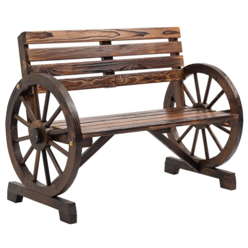 PANCHINA DA GIARDINO 2 POSTI A DOGHE CON BRACCIOLI A RUOTA DI CARRO, IN LEGNO, 105.5X56X79 CM, MARRONE BRUCIATO