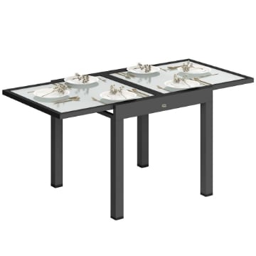 TAVOLO DA PRANZO ALLUNGABILE DA GIARDINO CON PIANO IN VETRO E ALLUMINIO, 80-160X80X75 CM, NERO E TRASPARENTE