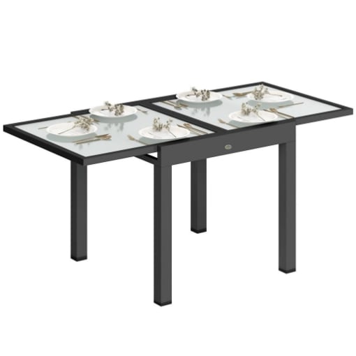 TAVOLO DA PRANZO ALLUNGABILE DA GIARDINO CON PIANO IN VETRO E ALLUMINIO, 80-160X80X75 CM, NERO E TRASPARENTE