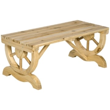 PANCHINA DA GIARDINO 2 POSTI A DOGHE CON GAMBE A RUOTA DI CARRO, IN LEGNO, 98X50X39.5 CM, COLOR LEGNO