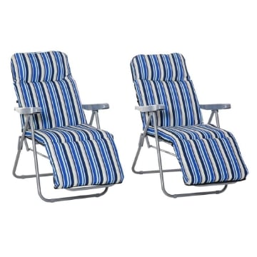 SET 2 SDRAIO PIEGHEVOLI CON SCHIENALE REGOLABILE A 5 LIVELLI, IN ACCIAIO E POLIESTERE, 60X75X102 CM, BLU E CREMA