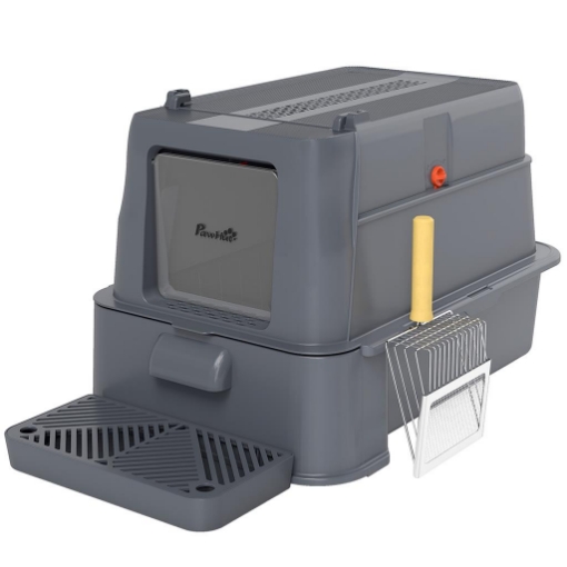 LETTIERA PER GATTI CHIUSA DA 80L CON VASSOIO ESTRAIBILE, IN ABS E ACCIAIO INOX, 63X43X43 CM, GRIGIO SCURO