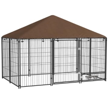 RECINTO PER CANI IN METALLO E TESSUTO OXFORD CON PORTICINA PER CIOTOLE, 211X141X151 CM, NERO E MARRONE