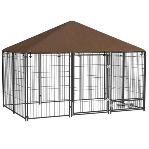 RECINTO PER CANI IN METALLO E TESSUTO OXFORD CON PORTICINA PER CIOTOLE, 211X141X151 CM, NERO E MARRONE