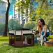 BOX PER ANIMALI CON 6 FINESTRE, 3 PORTE E 2 BORSE PORTAOGGETTI, POLIESTERE E ACCIAIO, 74X60X45 CM, MARRONE