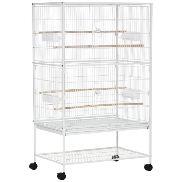 GABBIA PER UCCELLI DA INTERNI CON VASSOIO ESTRAIBILE, 4 RUOTE E TRESPOLO, 78X52X132 CM, BIANCO