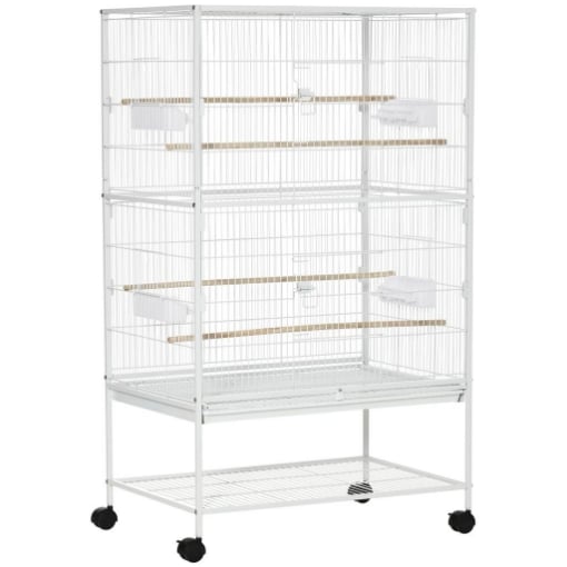 GABBIA PER UCCELLI DA INTERNI CON VASSOIO ESTRAIBILE, 4 RUOTE E TRESPOLO, 78X52X132 CM, BIANCO