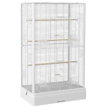GABBIA PER UCCELLI CON VASSOIO ESTRAIBILE E POSATOI, VOLIERA PER PAPPAGALLI, 61X36.5X98 CM, BIANCO