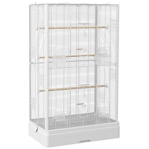 GABBIA PER UCCELLI CON VASSOIO ESTRAIBILE E POSATOI, VOLIERA PER PAPPAGALLI, 61X36.5X98 CM, BIANCO