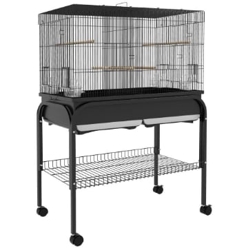 GABBIA PER UCCELLI DA INTERNO CON VASSOIO, RIPIANO E RUOTE CON FRENO, 85X49X119 CM, NERO