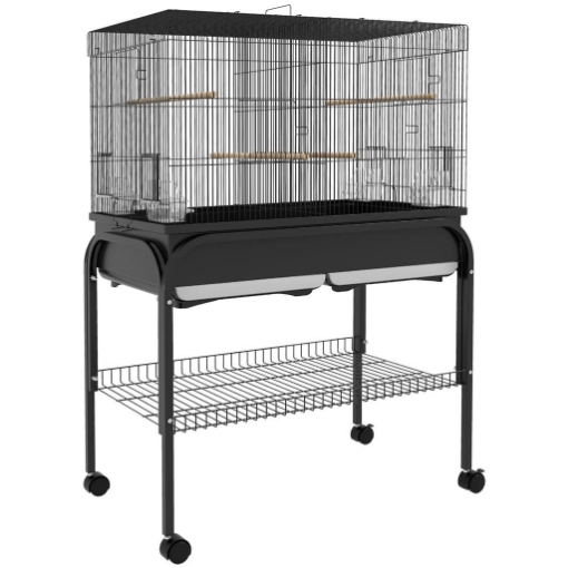 GABBIA PER UCCELLI DA INTERNO CON VASSOIO, RIPIANO E RUOTE CON FRENO, 85X49X119 CM, NERO