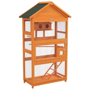 VOLIERA PER UCCELLI A 3 PORTE CON CASETTA, SCALETTA E VASSOIO, IN LEGNO E METALLO, 92X52X171 CM, ARANCIONE E VERDE