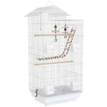 GABBIA PER UCCELLI, VOLIERA CON MANIGLIA E PORTE, GABBIETTA CON ALTALENA, CIOTOLE E GIOCHI, 46X36X100 CM, BIANCO