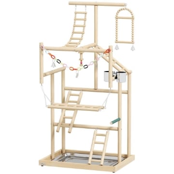 TRESPOLO PER PAPPAGALLI CON GIOCHI, SCALE, CATENE, CIOTOLE, VASSOIO RIMOVIBILE E POSATOI, LEGNO NATURALE