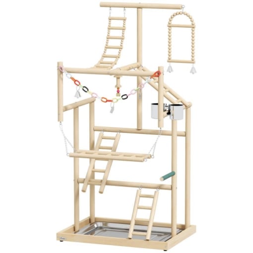TRESPOLO PER PAPPAGALLI CON GIOCHI, SCALE, CATENE, CIOTOLE, VASSOIO RIMOVIBILE E POSATOI, LEGNO NATURALE