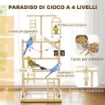TRESPOLO PER PAPPAGALLI CON GIOCHI, SCALE, CATENE, CIOTOLE, VASSOIO RIMOVIBILE E POSATOI, LEGNO NATURALE